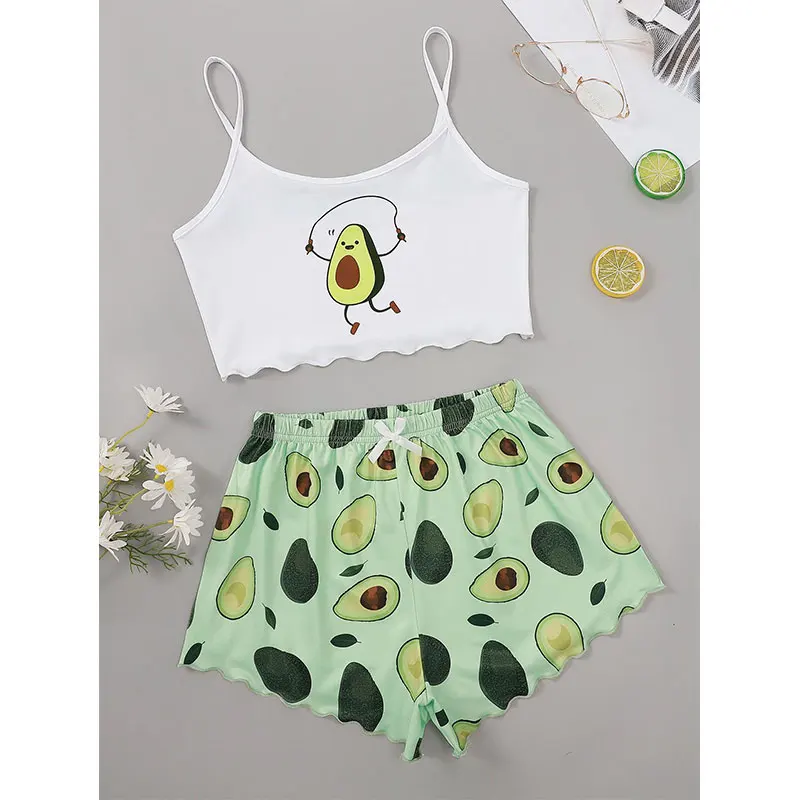 Summer women\'s sexy camisole top shorts two-piece set avocado print home suit set TL9375