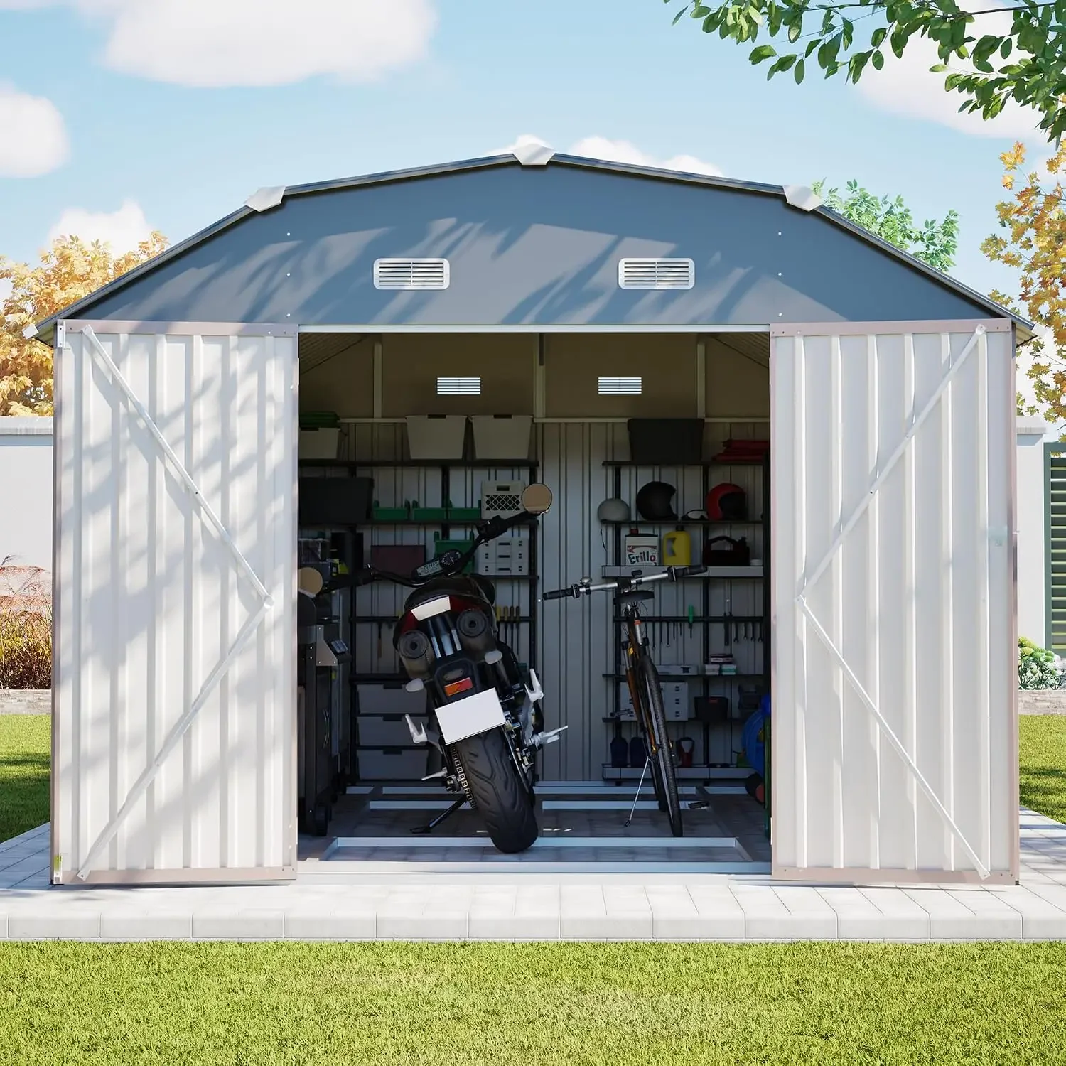 10x12 ft Metal Outdoor Storage Shed with Floor Frame Kit, Brown, Diamond-Shape Roof, Heavy Duty Galvanized Steel (Brown), Custom