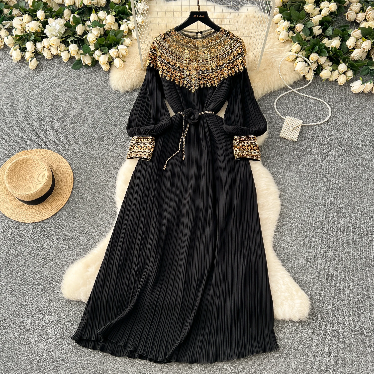 Elegant Long Sleeves Vintage O-neck Chic Embroidered Beads Sequin 3D Floral Slim Pleated Dresses Evening Autumn Women Clothing