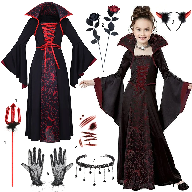 Girl Cosplay Witch Vampire Costume Long Tutu Halloween Dresses Children's Carnival Costumes Gothic Clothes Holiday Gifts