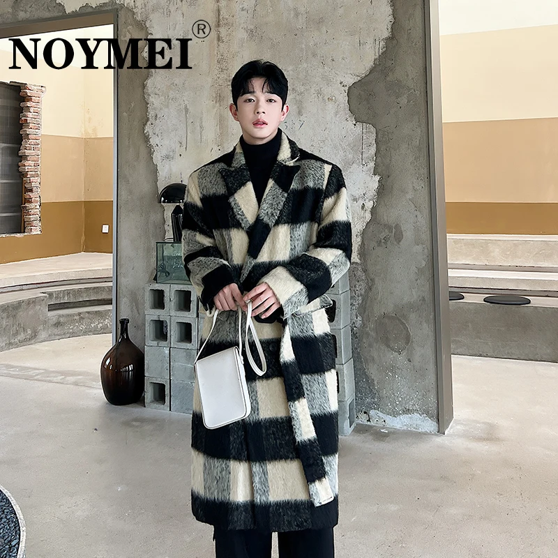 NOYMEI Woolen Coat Men's Autumn Winter Trench Thickened Korean Style High-end Checked Over Knee Windbreaker Trend WA3106