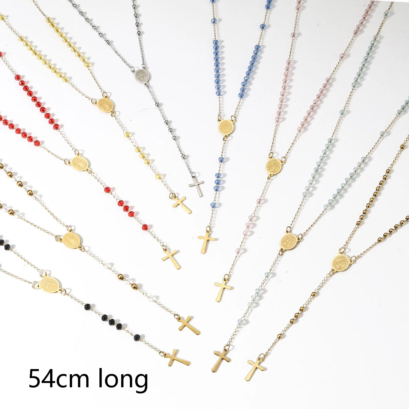 1 Piece 304 Stainless Steel & Glass Religious Handmade Link Chain Necklace Gold Color Cross Virgin Mary Charm 54cm(21 2/8