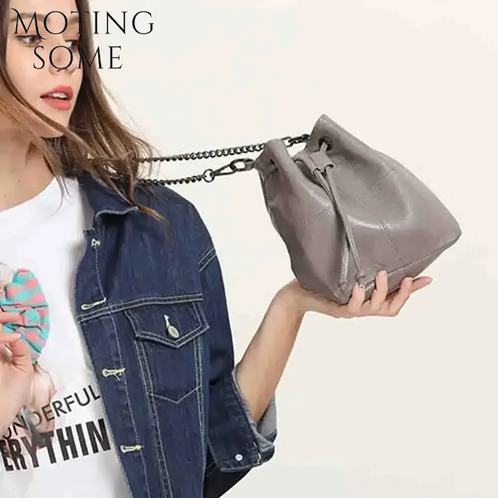 Motingsome borsa a secchiello Samll per donna 100% catene a mano in pelle naturale borse a tracolla Mini custodia femminile gialla novità nel 2024