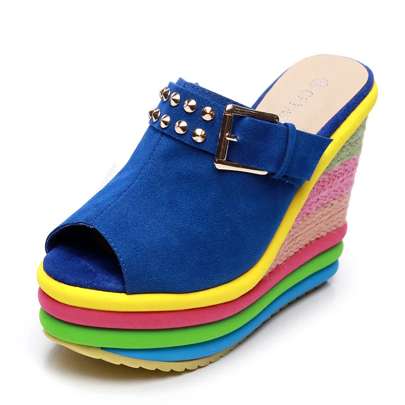 

Peep Toe Shoes Slippers Women Summer Pantofle Heeled Mules Platform Multicolored Sandals Slides On A Wedge Genuine Leather 2024