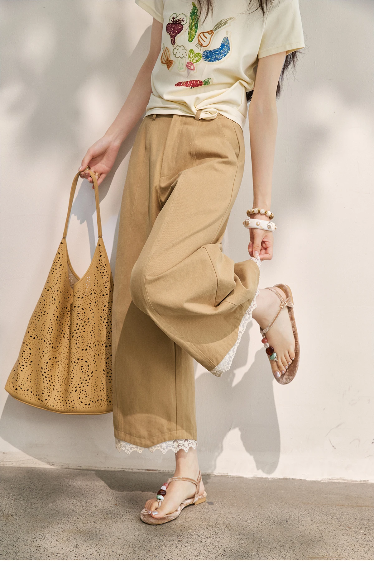 MISHOW Khaki High Waisted Wide Leg Cropped Pants For Women 2026 Summer Lace Trimmed Hem Retro Casual Loose Pants MXF24K1294