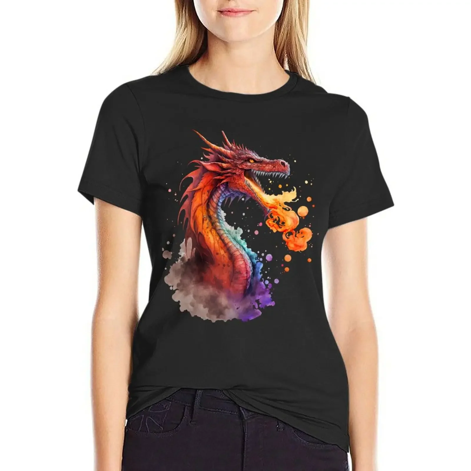 Fire-breathing Red Dragon in Watercolor T-Shirt korean fashion cute clothes graphics t-shirts for Women graphic tees