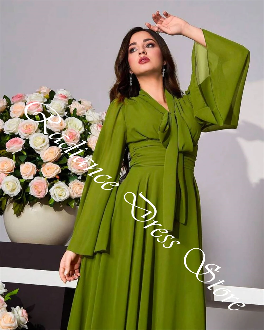 تخصيص رشيقة الخامس الرقبة القوس مساء اللباس مزاجه طويلة الأكمام مضيئة الأكمام فساتين المشاهير الكلاسيكية الشيفون Pr #6