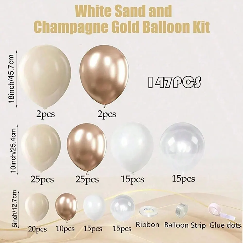 Sand White Champagne Gold Balloon Garland Arch Kit, 147 White Nude Clear Latex Balloons For Birthday Wedding Bridal Shower Engag