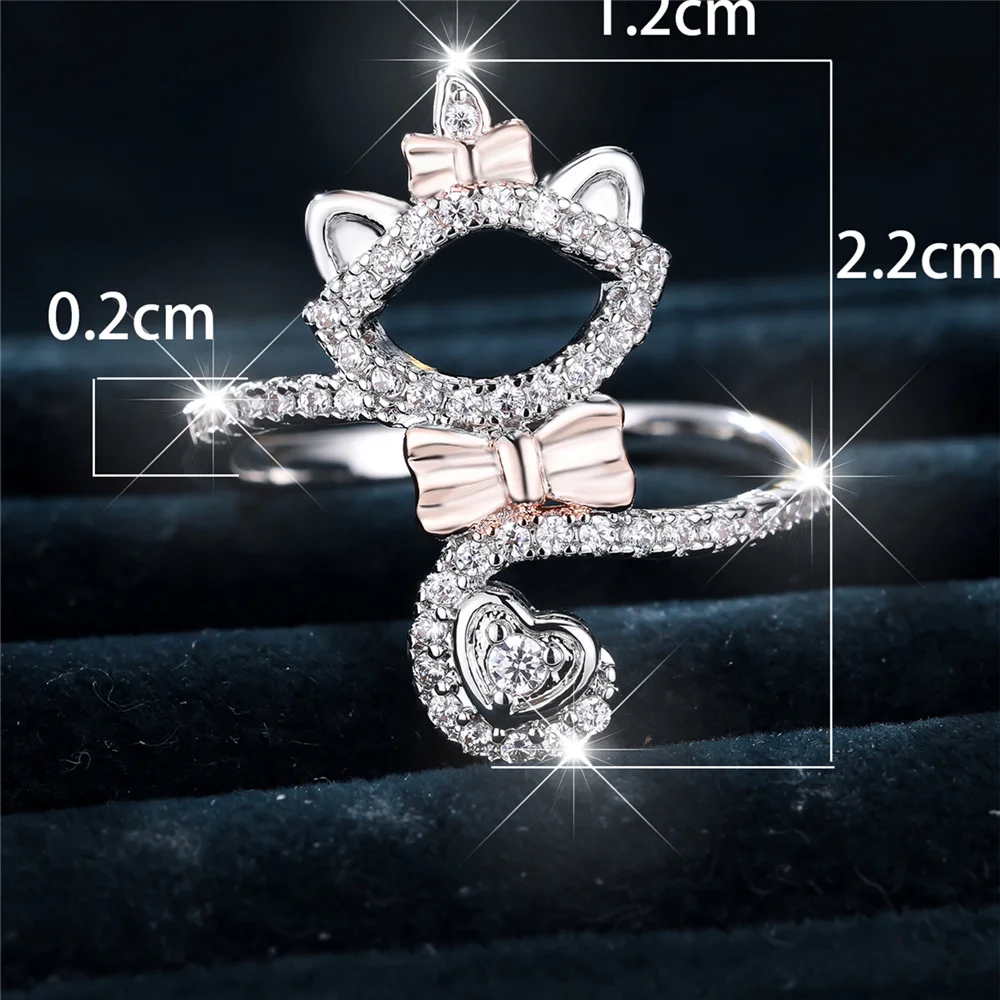 Cute Female White Heart Bow Cat Zircon Stone Ring Dainty Rose Gold Color Wedding Jewelry For Women