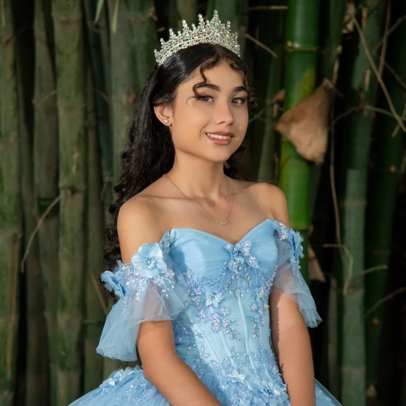 

Customized sky blue Quinceanera Dresses Off the Shoulder applique Lace 3D flower Long tail Vestido 15 Quinceanera