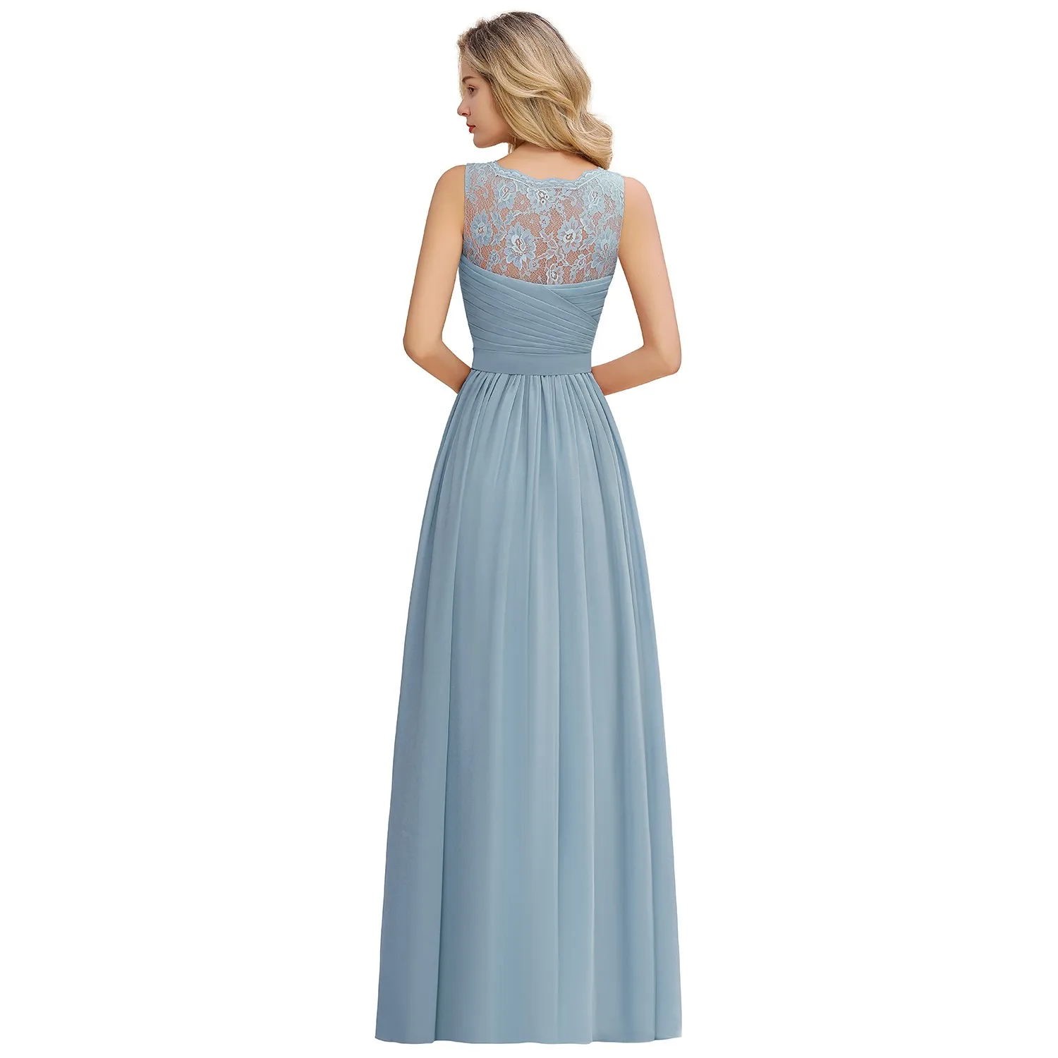 BABYONLINE Elegant Bridesmaid Dress Pleated Bodice See-through Lace Cap Sleeves Maxi Flowy A-Line Skirt Wedding Party Gown Women