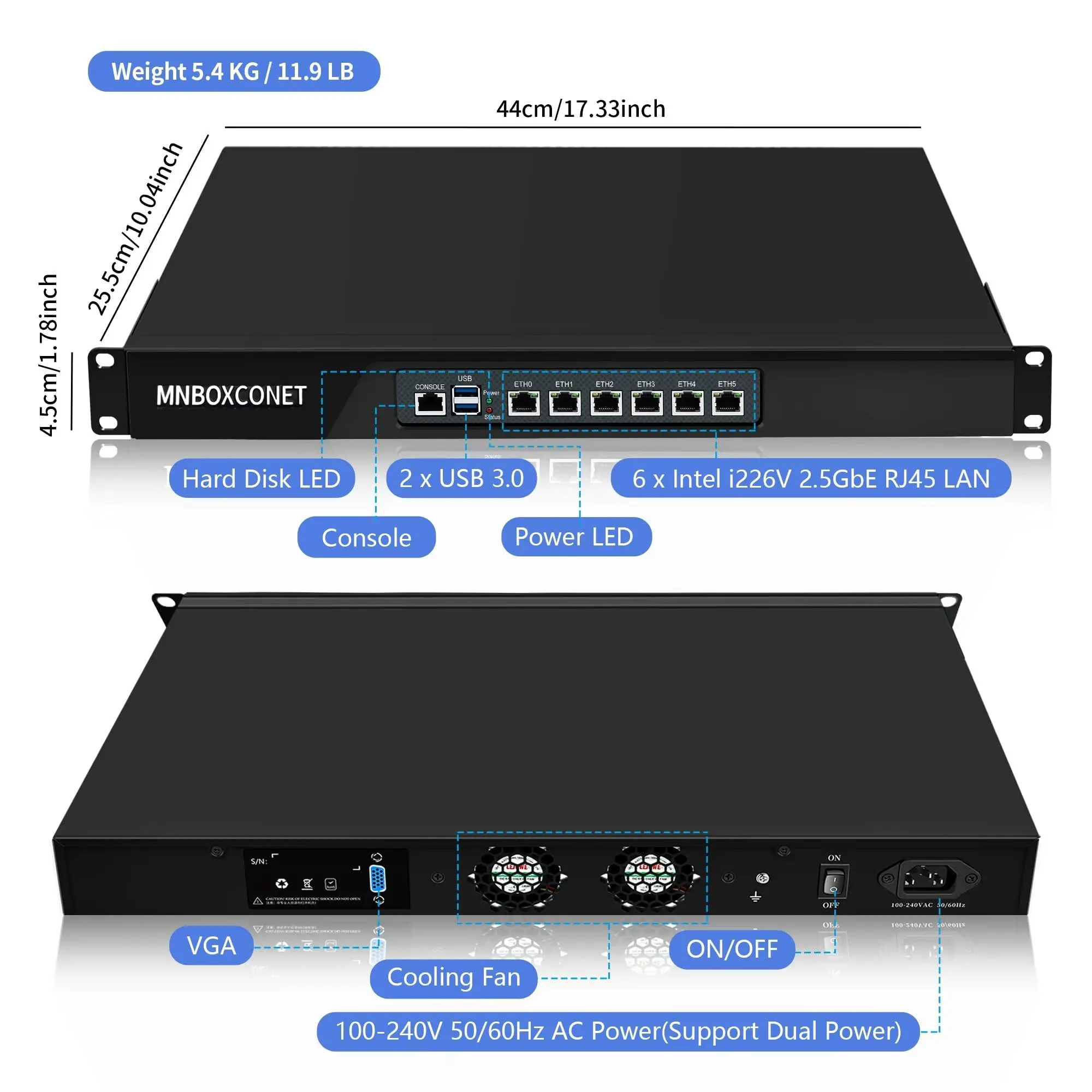 MNBOXCONET 1U Rackmount Server 19 بوصة جهاز توجيه جدار الحماية N100,6xi226V وحدة تحكم جيجابت إيثرنت OPNsense، أجهزة الشبكة