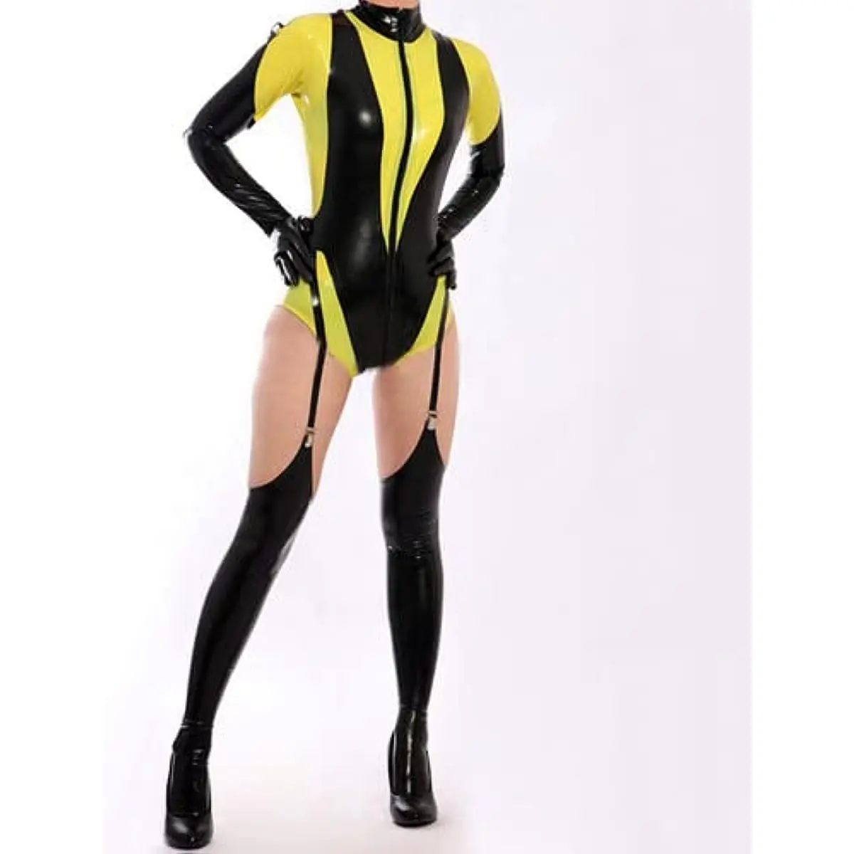 

100% Rubber Latex Gummi Black and Yellow Bodysuit Catsuit Stockings Suit XXS-XXL,Black,L