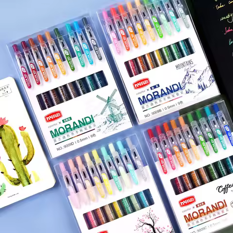9 Pcs/Set Student Morandi Colored Gel Pen with Glitter Journal Highlighters Retractable Mark Pen Writing Supplies Stationery