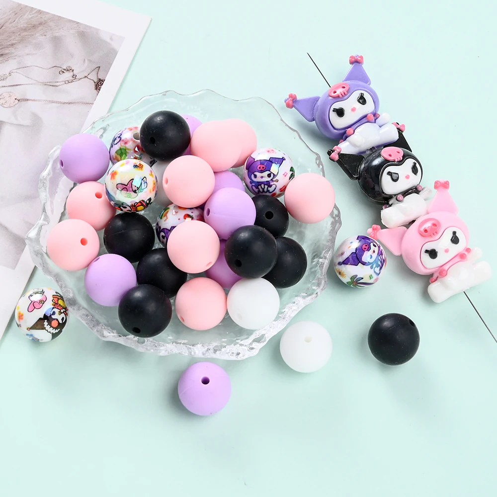 

30Pcs Silicone Round Beads Kuromi Resin Printed Beads for DIY Baby Pacifier Chain Clips Dummy Holder Accessories