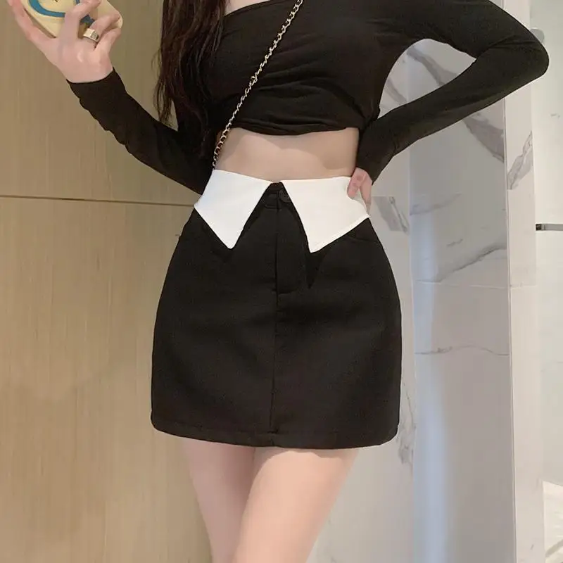Summer and Autumn Color Blocking Niche High Waist Slim Fit Wrap The Buttocks Anti Glare A-Line Skirt for Women