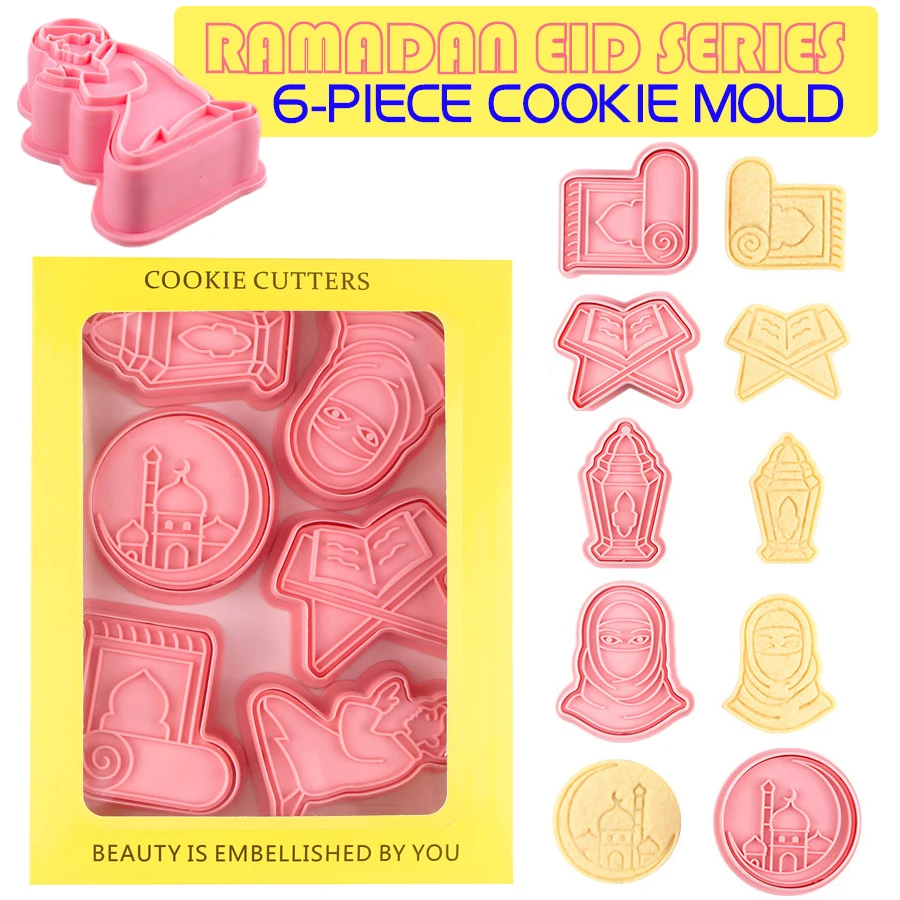 

6Pcs/Set Ramadan Eid Al-Fitr Muslims Frosting Cookies Cutters Plastic Mold Pressable Biscuit Press Mould Baking Pastry Tools