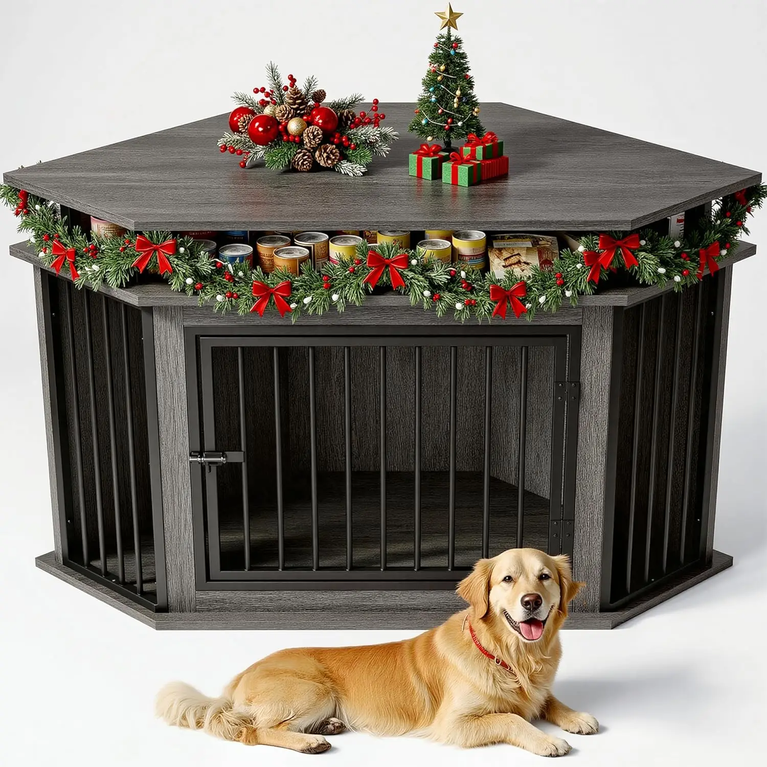 

51-дюймовый угловой деревянный ящик для собак с полками, питомник для больших собак, компактная домашняя клетка коричневого цвета в деревенском стиле