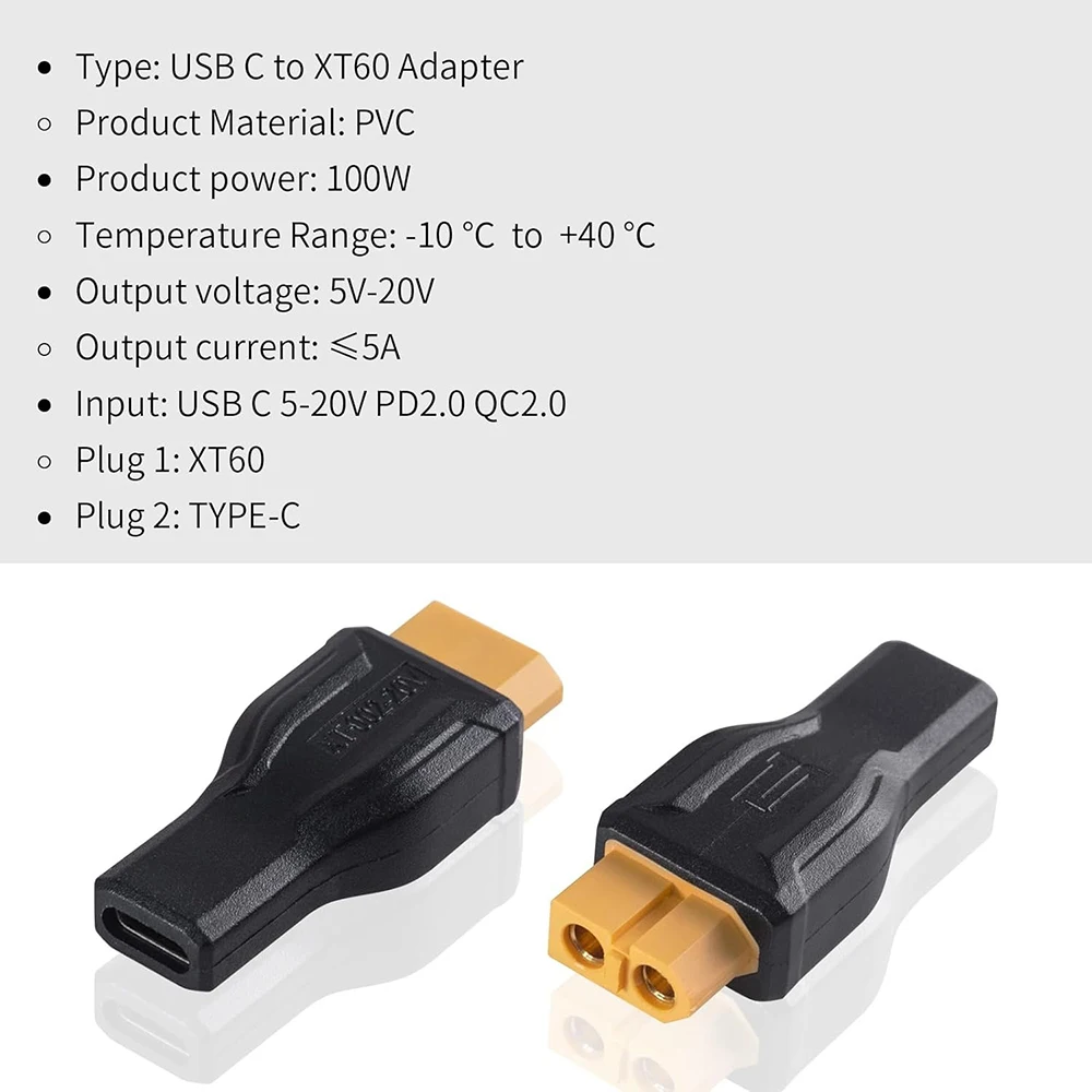 USB C to XT60 어댑터, C타입 to XT60 암, 100W 20V, 5A 충전 커넥터, Toolkitrc 모델 에너지 저장, 야외 전원, 2 개