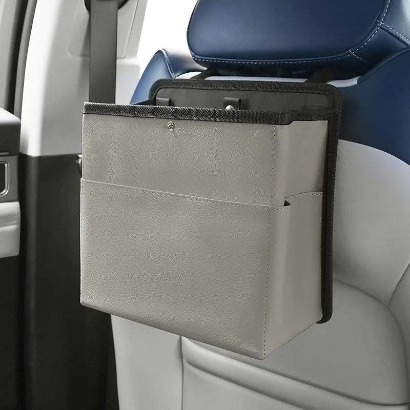 Car Trash Bin Leather Auto Front Passenger Seat Hanging Garbage Storage Organizer Seat Back Phone Tissue Pockets Accessories view 6