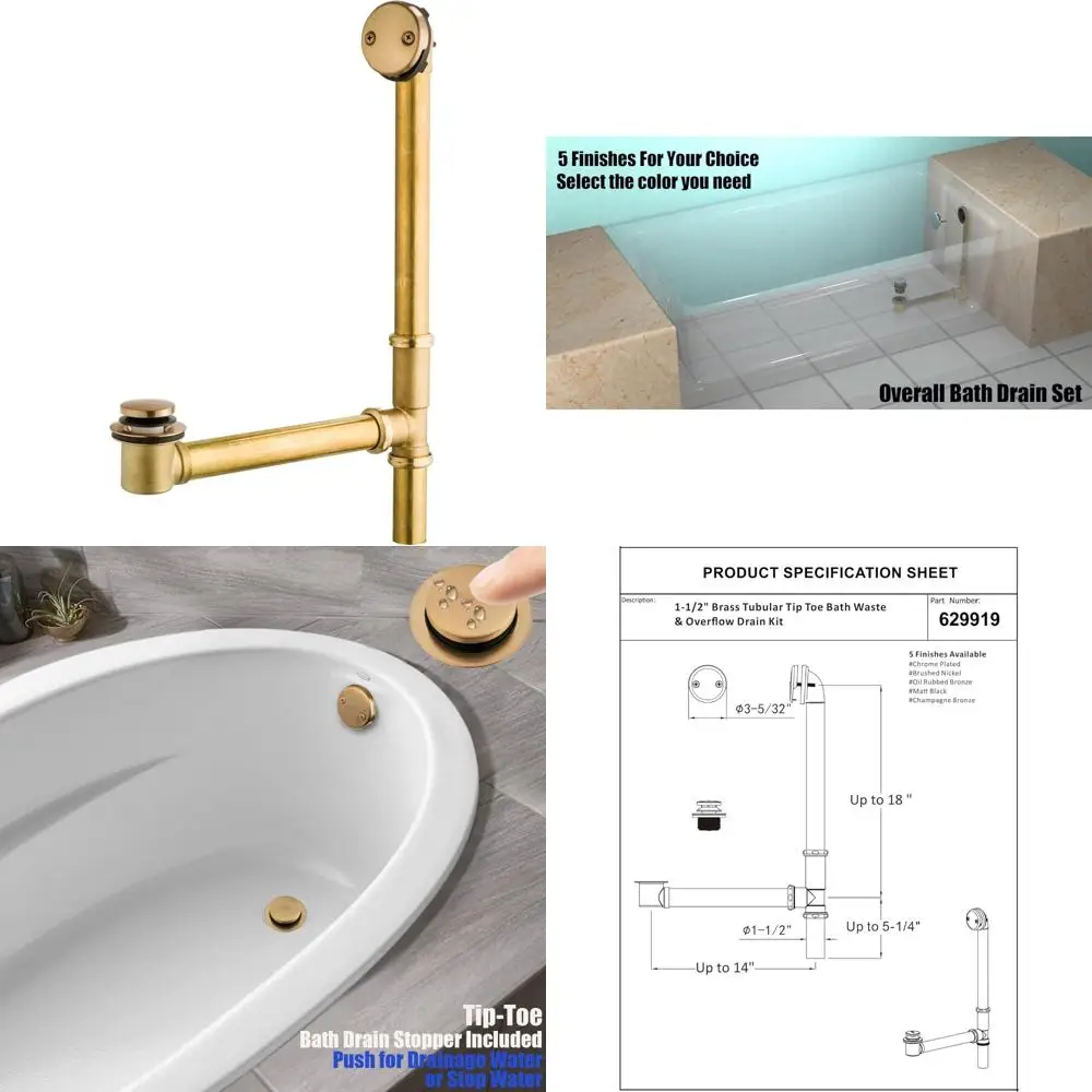 

1-1/2 Inch Brass Tubular Bath Drain Kit with Touch-Toe Drain Stopper for Easy Bath Waste Removal