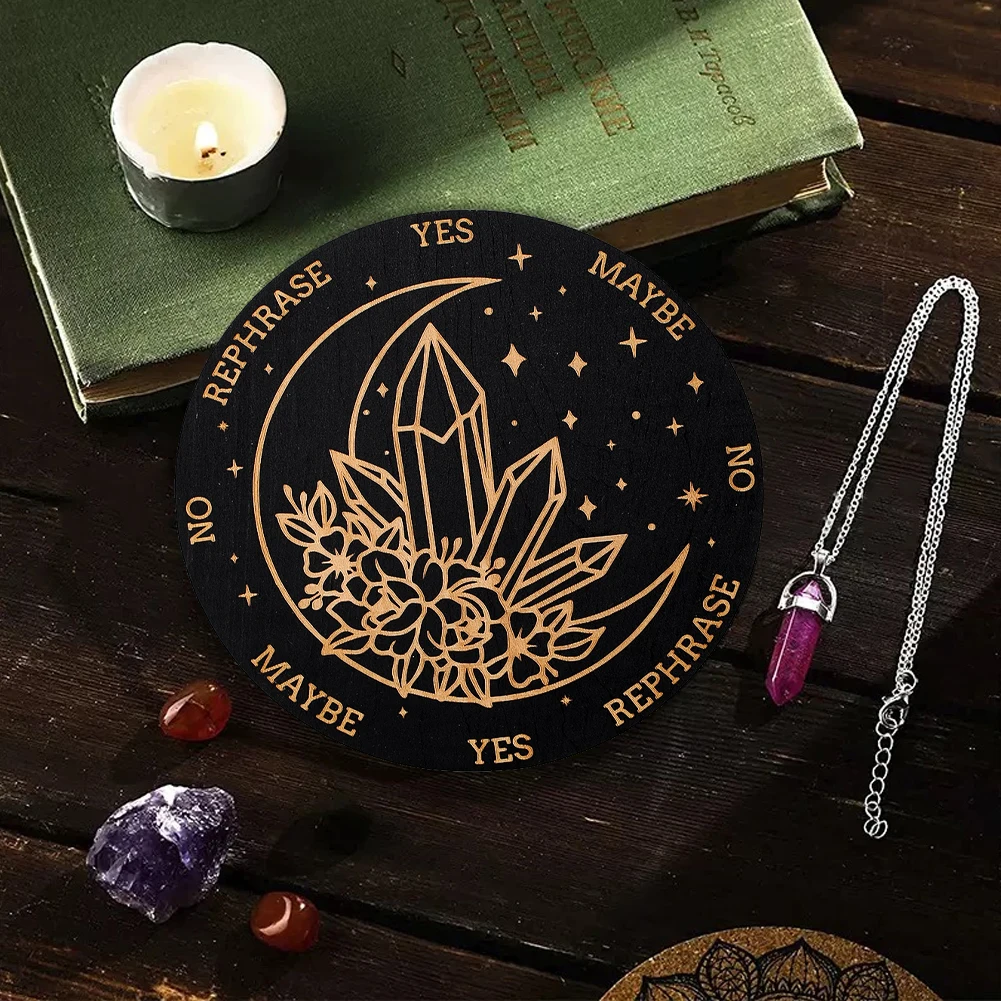 Wooden Pendulum Board with Moon Star Divination Energy Carven Plate Healing Meditation Board Ornaments Metaphysical Altar
