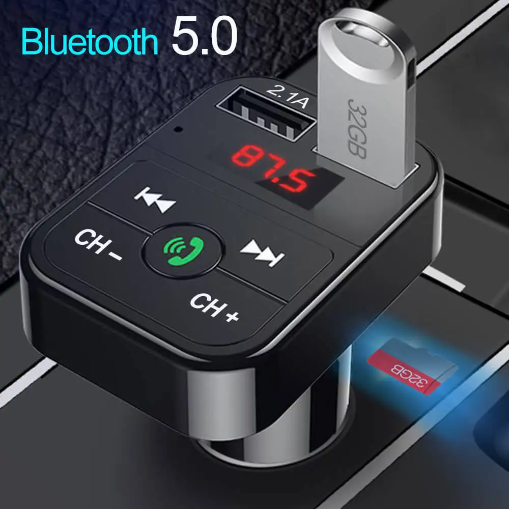 АВТОМОБИЛЬНЫЙ FM-передатчик Bluetooth5.0 Автомобильный комплект Автомобильное зарядное устройство с двумя USB-портами 3,5 А Громкая связь 2 USB Беспроводной аудиоприемник Поддержка TF/U Диск
