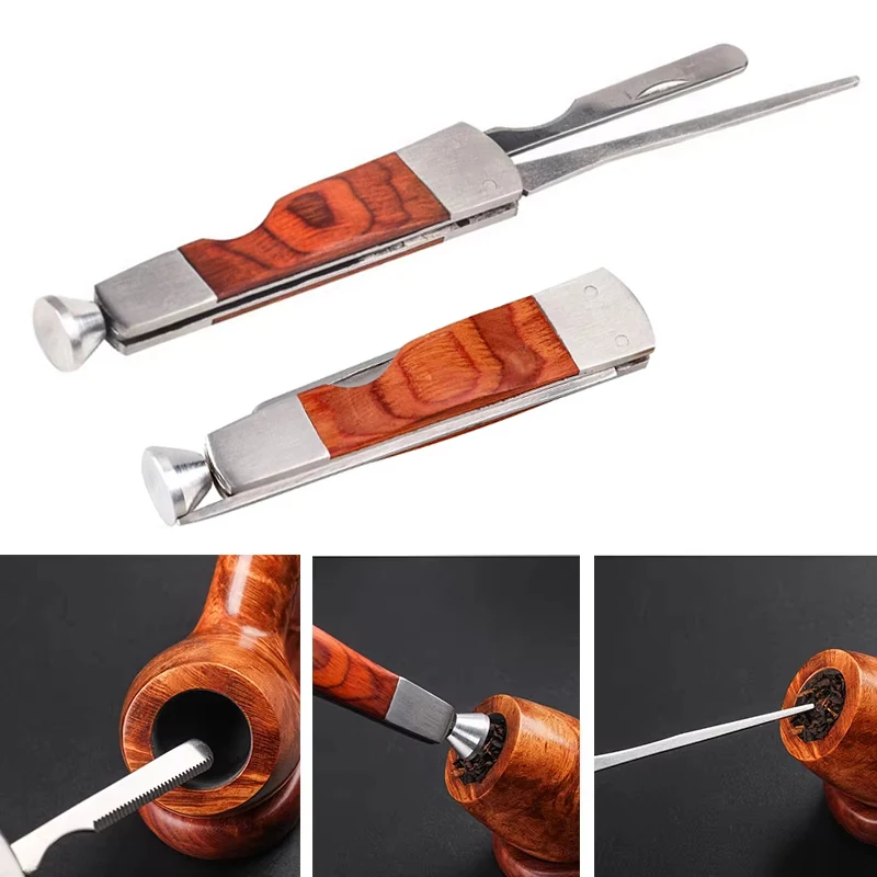 

3 In 1 Red Wood Tobacco Smoking Stainless Steel Pipe Clean Tool , For Pipe Tobacco Press Rod, Pipe Channel And Bowl Cleaning