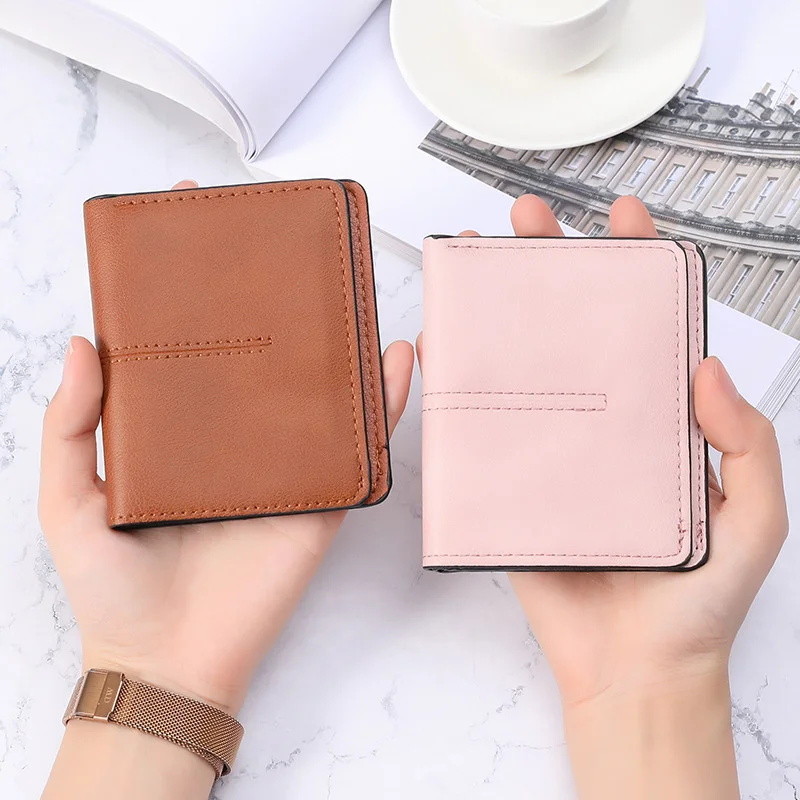 Dompet pendek kulit PU untuk wanita, dompet pendek kulit PU banyak kartu, dua lipat, bagian tipis dengan jepret warna Solid, kapasitas besar