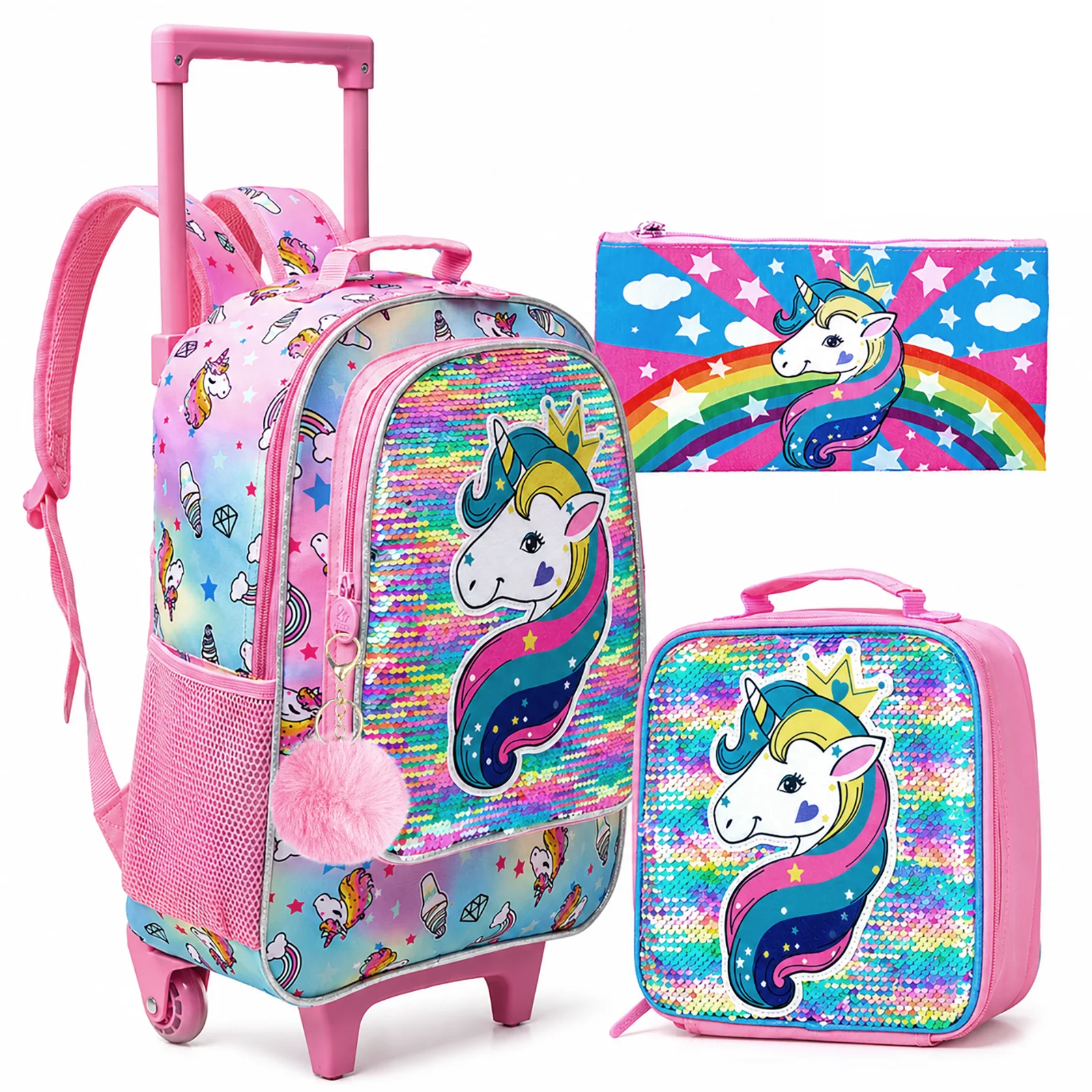 3pcs-rolling-backpack-for-girls-kids-roller-wheels-bookbag-with-lunch-bag-pink-unicorn-glow-in-the-dark-function
