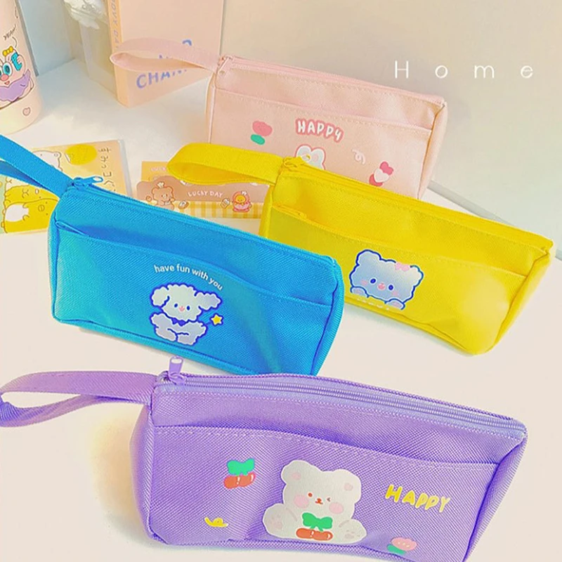 Candy Color Rabbit Print Canvas Pen Bag Happy Fun Animal Pattern Pen Pouch Students Writing Supplies