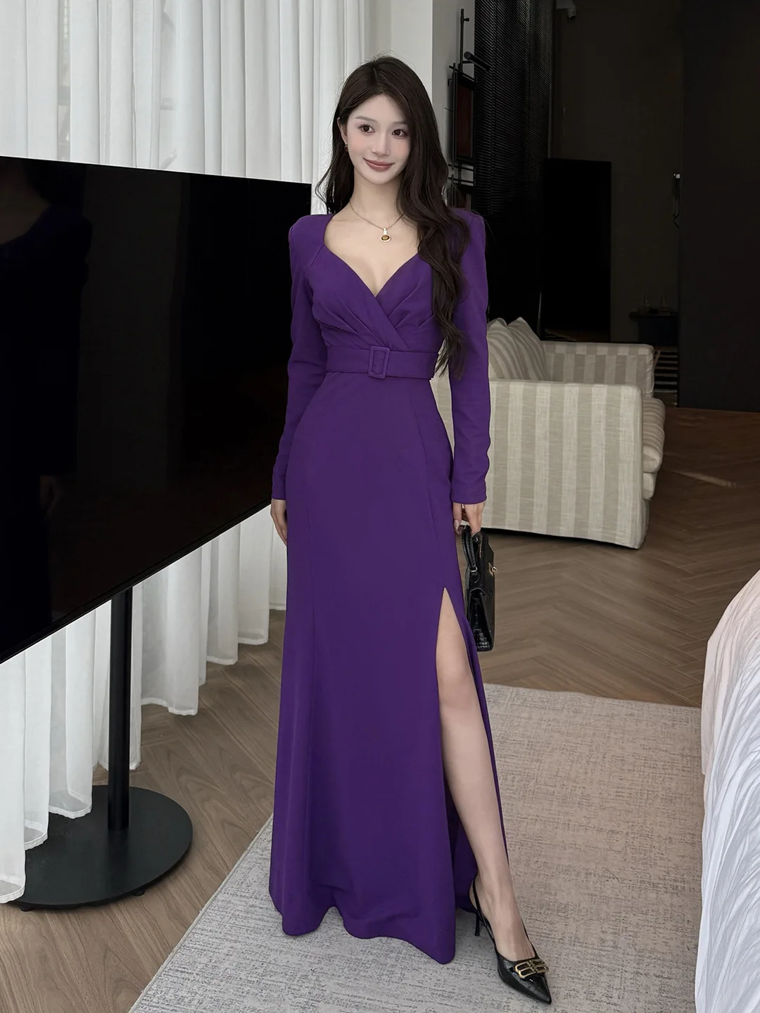 Elegancka Sukienka Wieczorowa w Stylu Retro z Dekoltem w Serek, Fioletowa, z Długim Rękawem, z Paskiem, Rozcięciem z Boku, Krój Syreny, Luksusowa Sukienka na Wiosnę, na Imprezę, Bal Maturalny