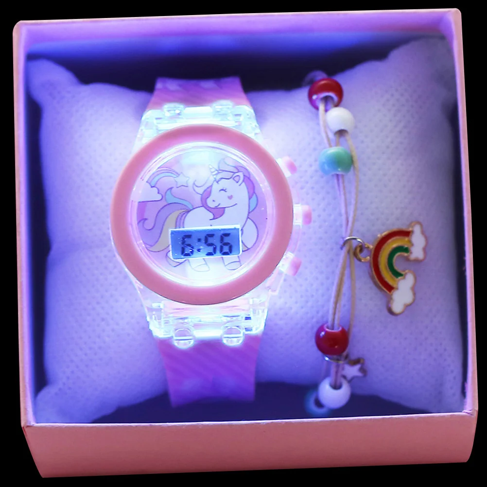1Set Watch Adjustable Silicone Electric Wristwatch Cartoon Unicorn Pattern Glowing Watch Comfortable