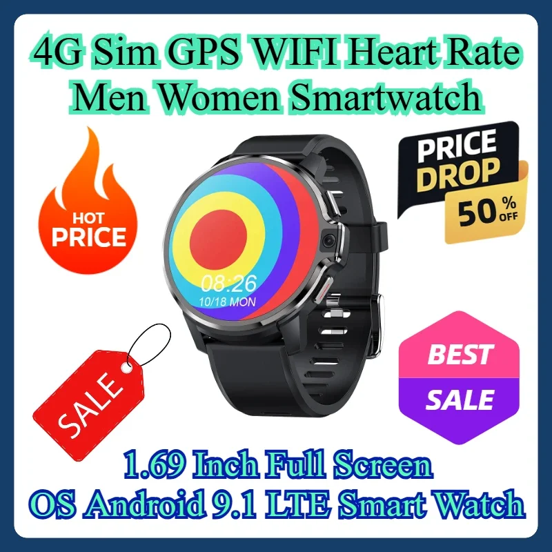 4G Sim GPS WIFI Heart Rate Men Women Smartwatch 1.69 Inch Full Screen OS Android 9.1 LTE Smart Watch