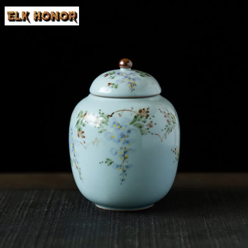 Pure Hand-painted Wisteria Ru Kiln Tea Box Organizer Moisture-proof Traditional Storage Tank Containers Tea Caddy Cafes Craft