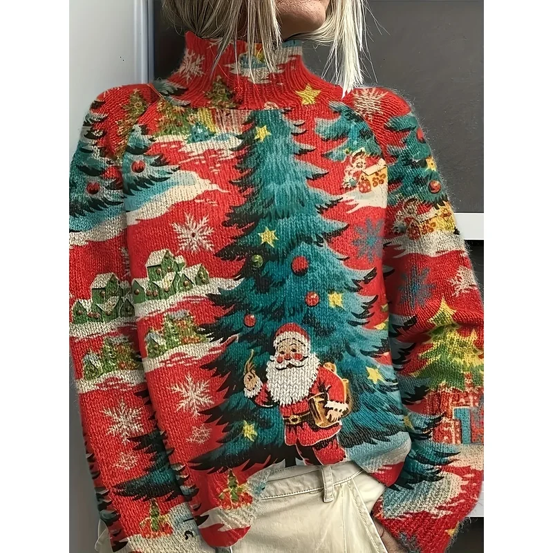 High Quality Women Turtleneck Knit Sweater Santa Tree Print Long Sleeve Warm Autumn Winter Casual Fashion Jumper Top Wear
