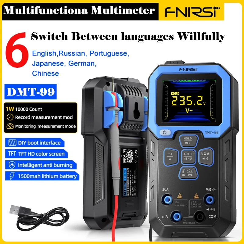 FNIRSI DMT-99 Smart Digital Multimeter Handheld Curren AC DC Tester Tool True RMS 10000 Counts Resistance Capacitance Voltmeter