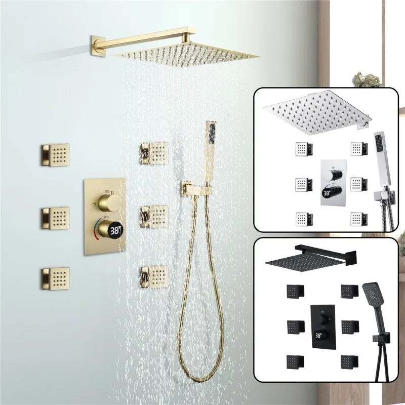 Digital display concealed shower set 16 inch shower top nozzle hot and cold control valve body wire gold