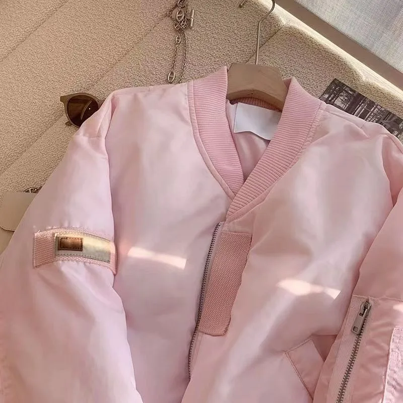 Women's Clothing Pink Stand-up Collar Thicken Baseball Jacket Short Top Outerwear Petite Autumn Winter New Sweet Parkas