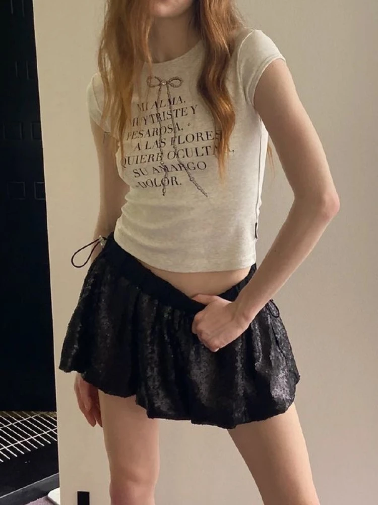 QWEEK Y2k Coquette Sexy Crop T-shirt Women 2024 Spring Summer Fashion Sexy Streetwear Slim Cropped Tops Letter Print Tees