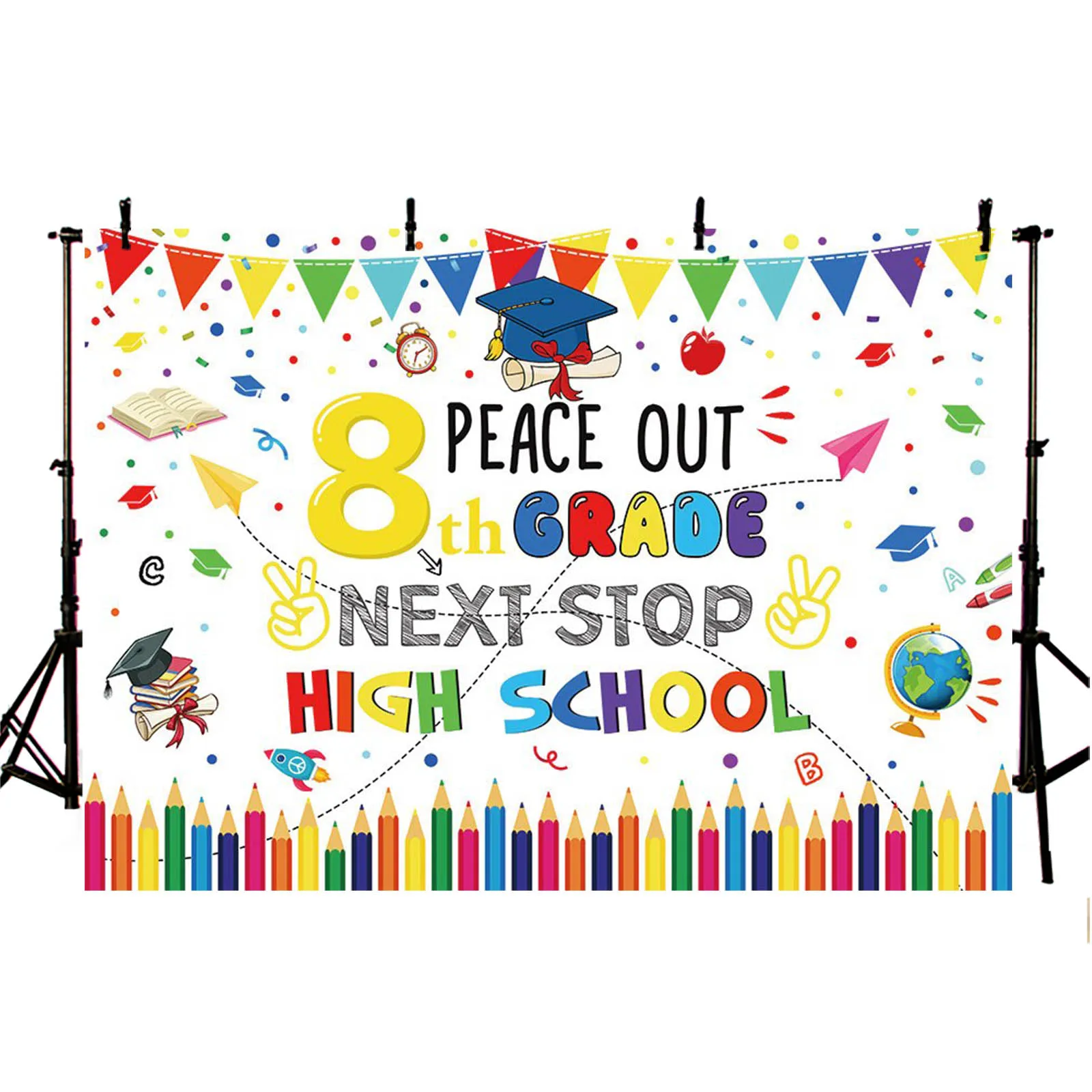 8th Grade Graduation Backdrop Colorful Pencil Book Diploma Cap Kid Graduate Go to High School Party Decor Photography Background