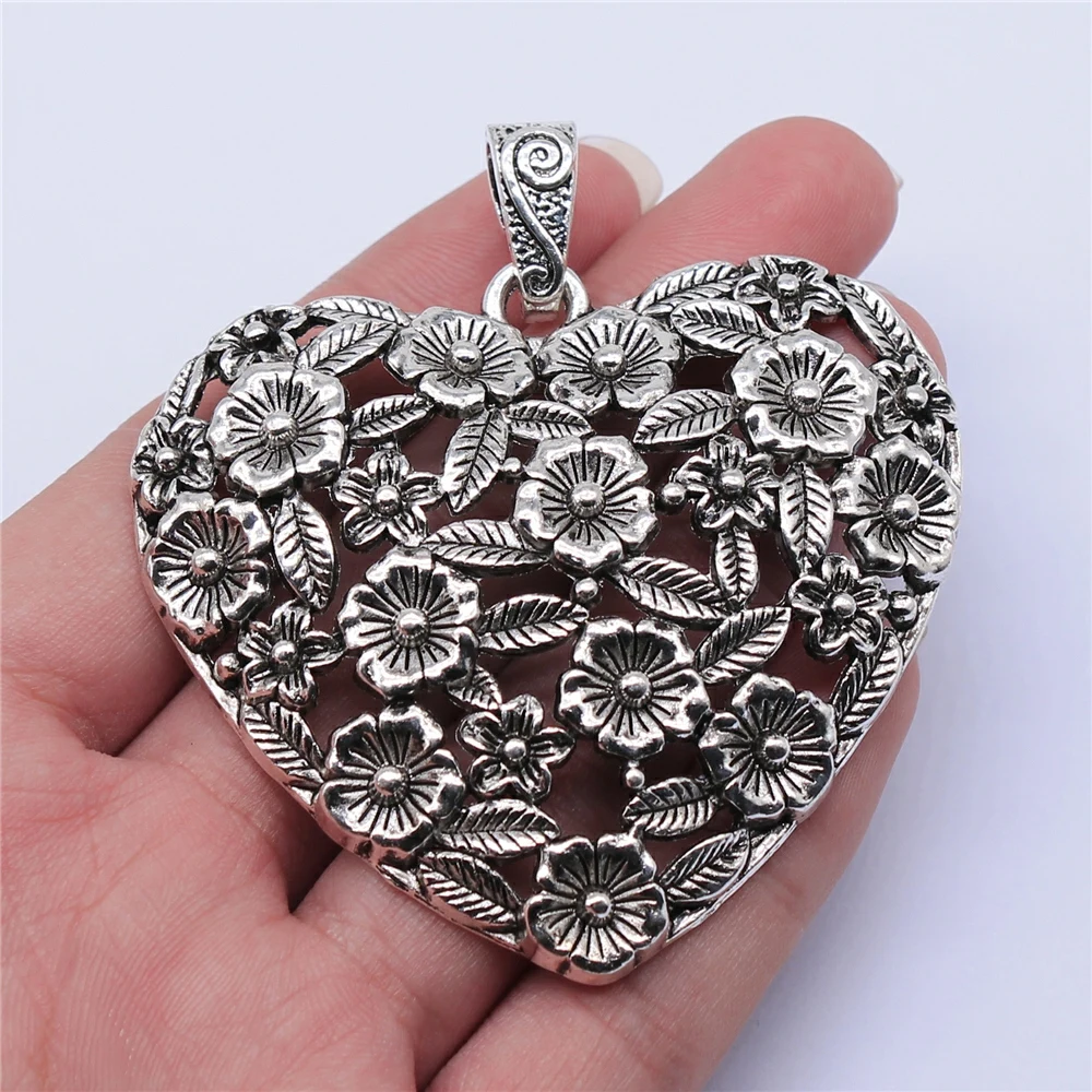 WYSIWYG 1pcs 67x58mm Antique Silver Color Hollow Flower Heart Charms Pendant For Jewelry Making DIY Jewelry Findings