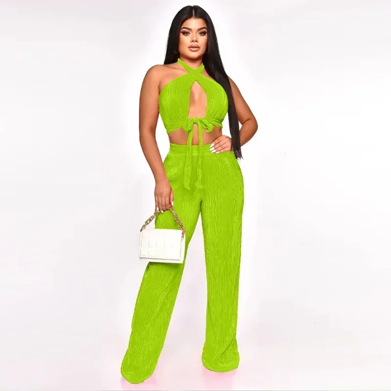 

GUWU Summer Beach Pleated Women's Set Halter Neck Crop Top + Wide Leg Pants Suit Street Two 2 Piece Set Outfit Tracksuit