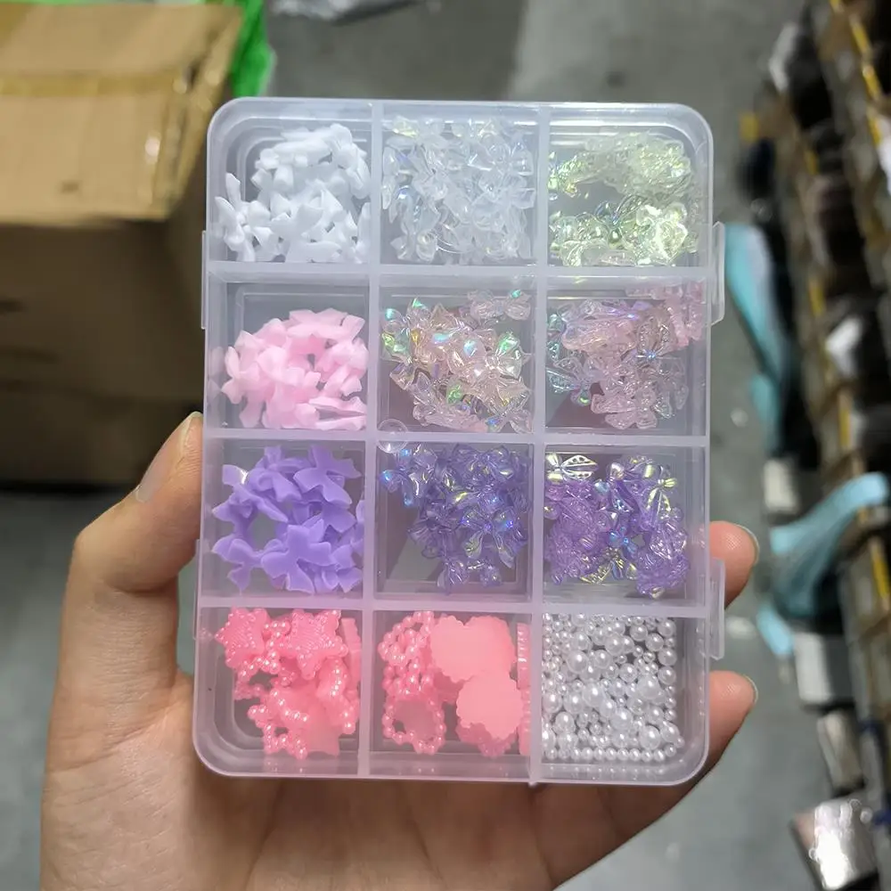12Grids 3D Mixed Bowknot Flower PNail Charms Simulation Pearl Beads Ribbon Y2K Nail Art Decoration DIY Crafts Manicure Accessory