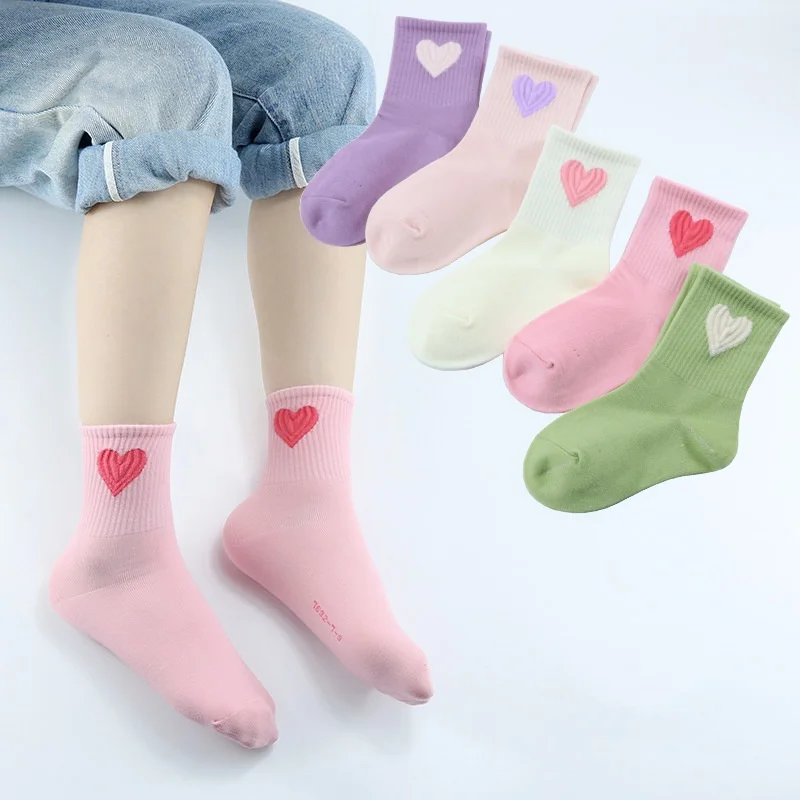 5 Pairs/set Spring Autumn Girl's Socks Kids Korean Style Love Pattern Middle Tube Sock Fashion Solid Colour Children's Stockings