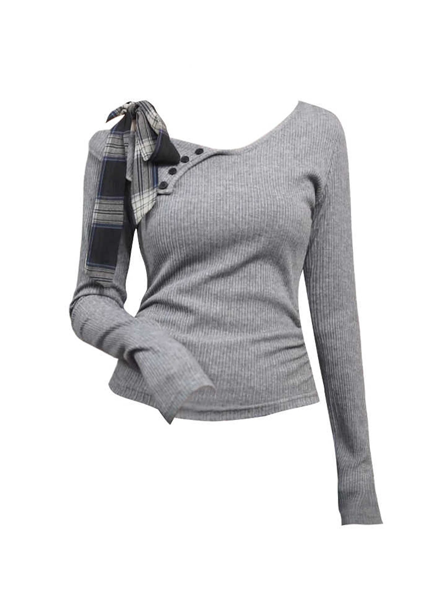 

Women Grey Bow Lace-up Gyaru T-shirt Harajuku Y2k Knitted Tee Top 90s Aesthetic Vintage Long Sleeve T-shirts 2000s Clothes 2025