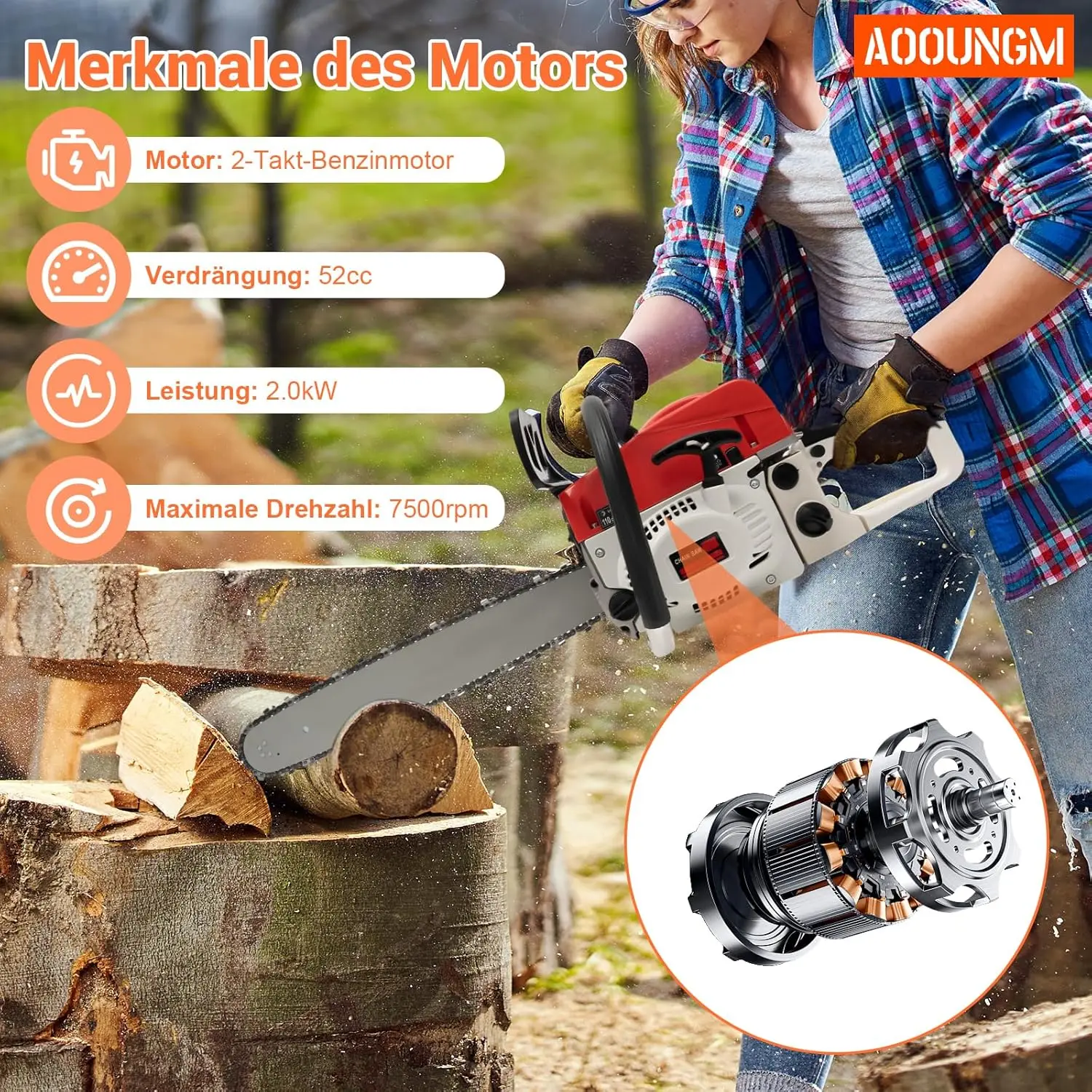 52CC Gasoline Cutting Chainsaw Chainsaw Petrol 2-Stroke Chain Saw Set Petrol Self-Resetting Pull Start Gasoline Chainsaw NEW Red