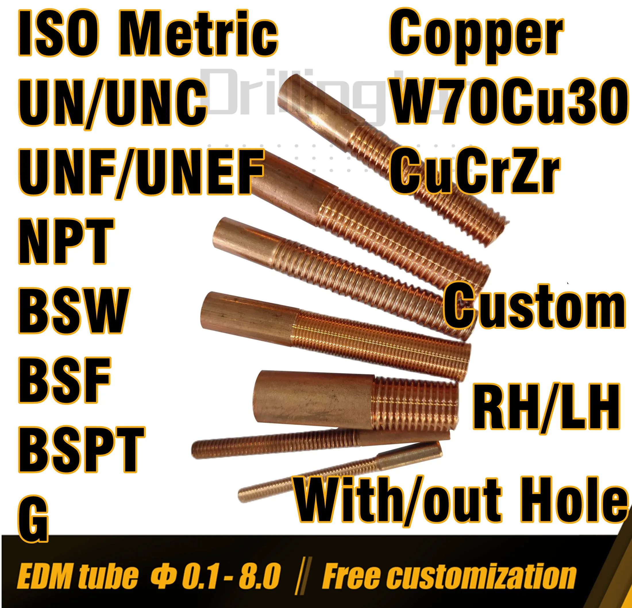 Custom EDM tapping Electrodes , Metric Inch , Fine Coarse Thread , Copper , W70Cu30 , Tungsten , CuCrZr , Thread Cutting