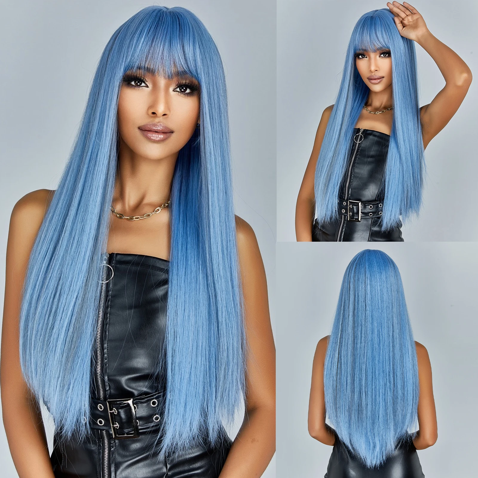 Long Blue Wig Straight hair Synthetic Wigs with Bangs Cosplay Wig for Women Heat Resistant Colored wig synthetic hair