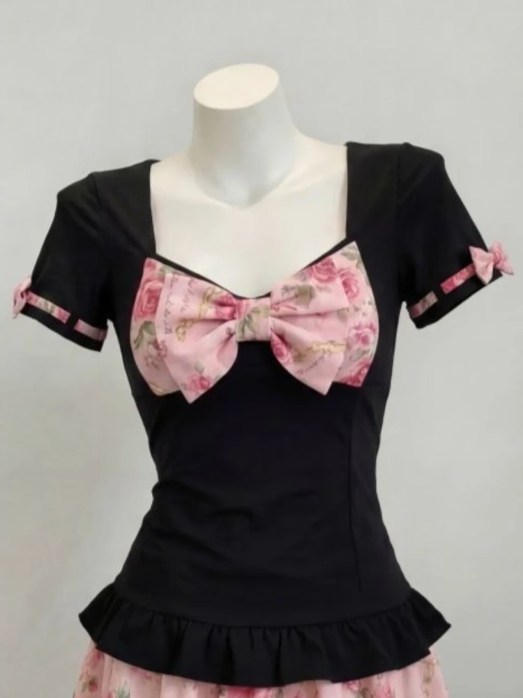 Women's Sweet Floral Print Two Piece Set Fairy Bow Slim Ruffle Crop Top + High Waist Mini Skirt Y2K Harajuku Fashion Skirt Set